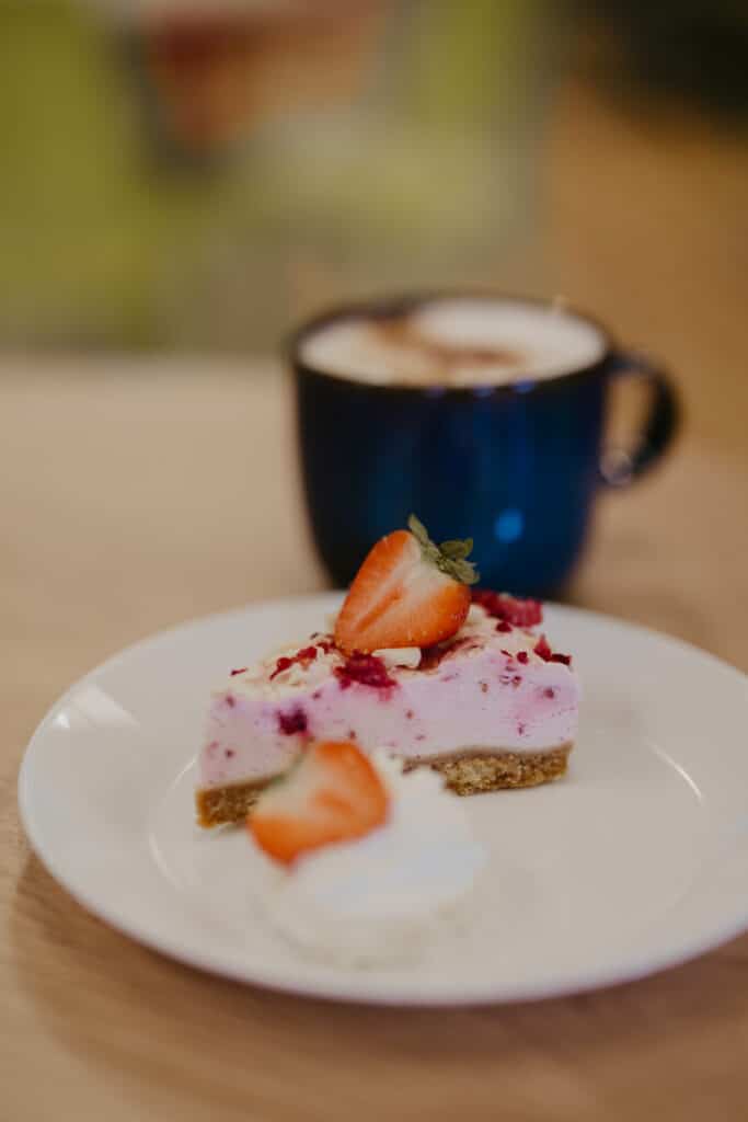 Coffee and berry cheesecake in the Tree House café